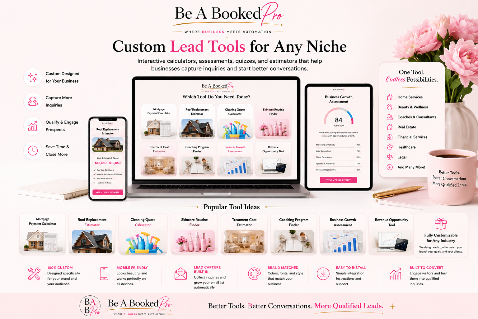 Be A BookedPro custom lead tools shown on laptop, tablet, and phone — calculators, quizzes, and assessments for any niche